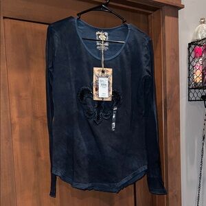 Velvet Stone-Long Sleeve Appliqué Top-Navy